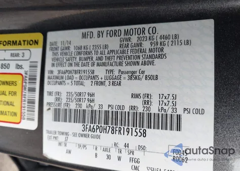 2015 Ford Fusion Se из США, поврежденный, VIN 3FA6P0H78FR191558